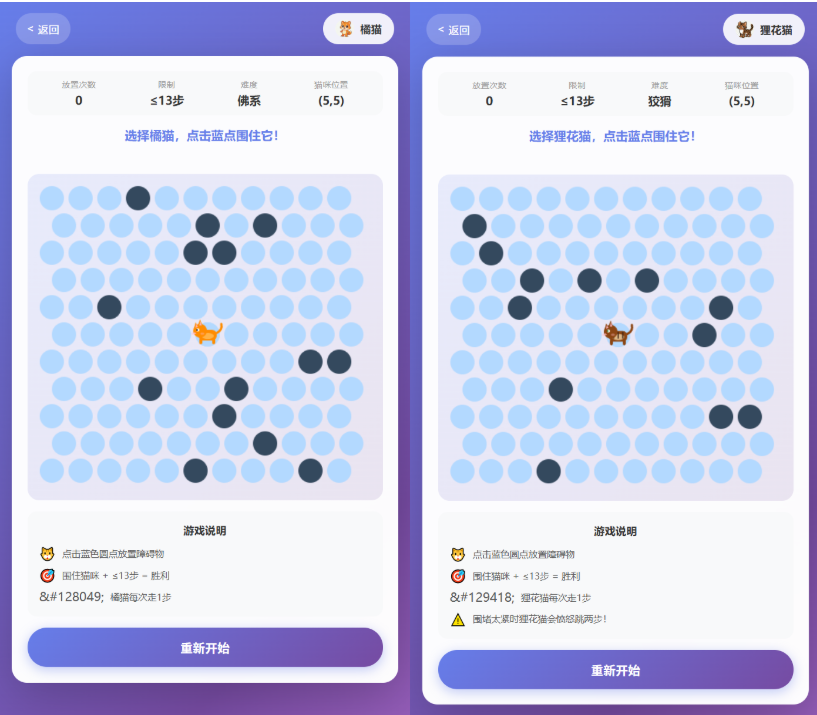 图片[2]-基于 PHP/JavaScript 的【围住小猫·多性格 AI 改进版】源码：融合橘猫/虎斑/狸花性格矩阵的经典六边形寻路博弈系统