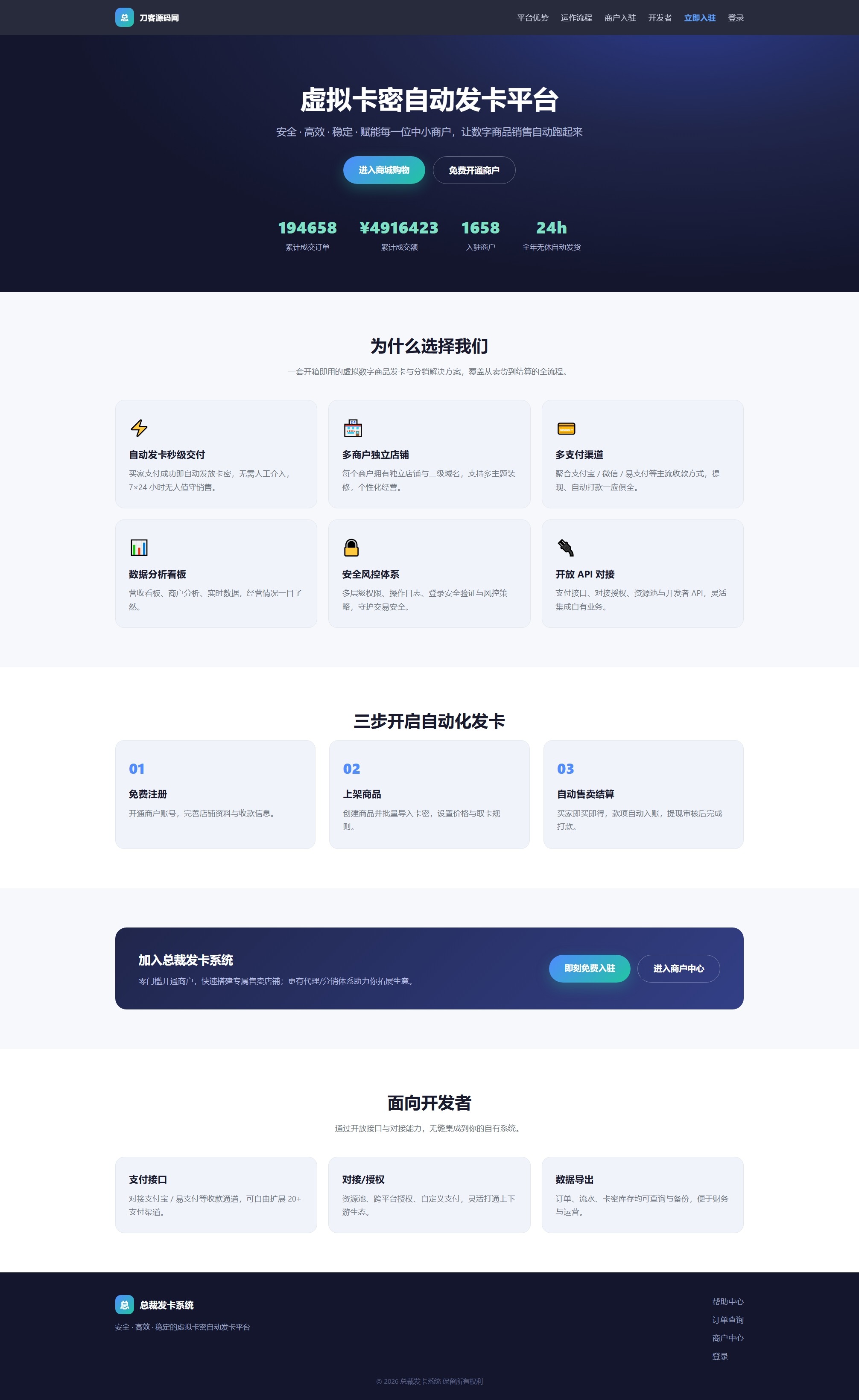 总裁自动发卡系统源码 - 卡密自动售卖发卡网整站 商品管理订单结算全功能-123源码